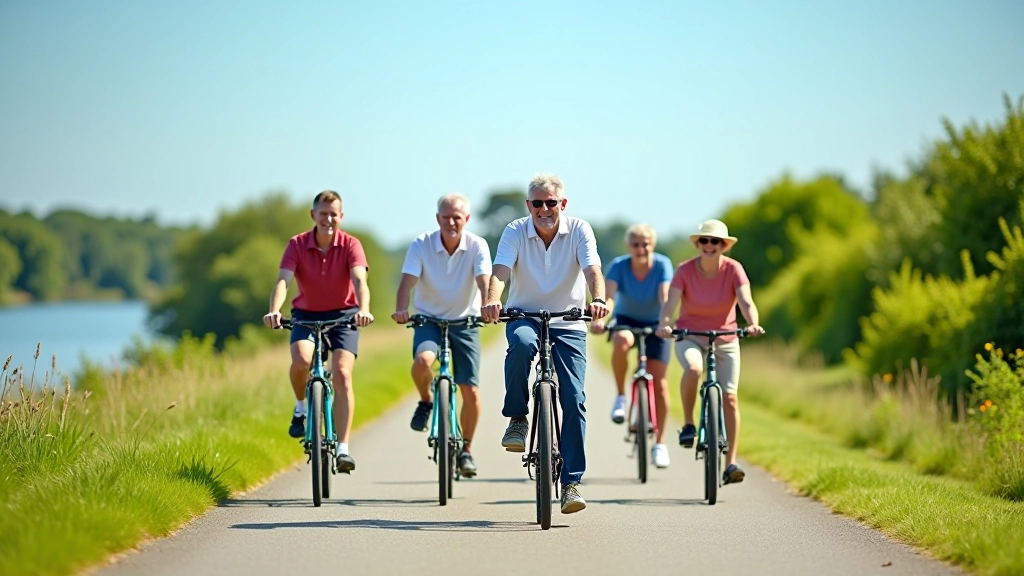 Group of senior cyclists riding along the Suir Blueway on a sunny day