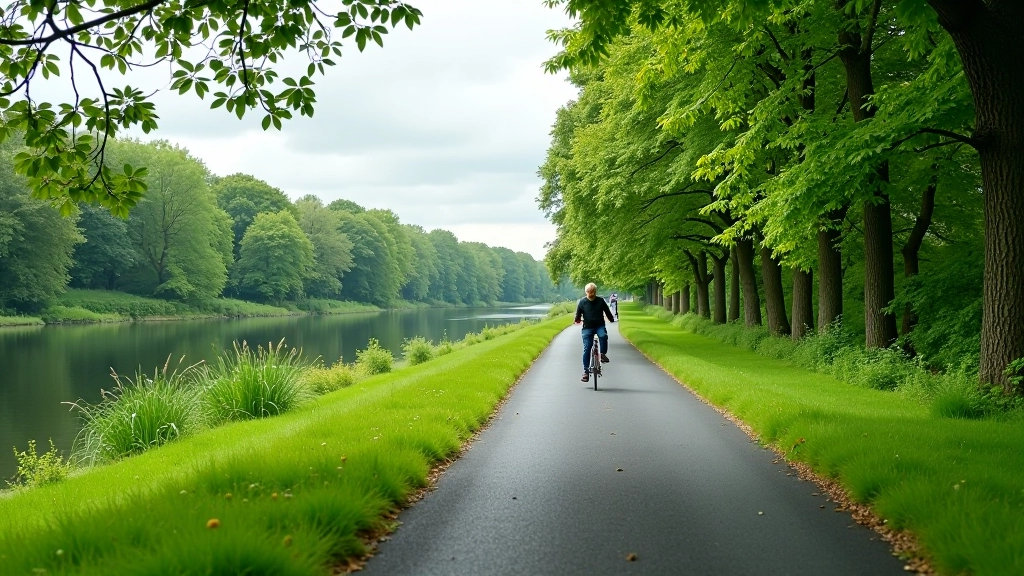 Scenic view of the Suir River path with green trees on both sides, calm water reflecting sky, and the paved cycling path stretching ahead