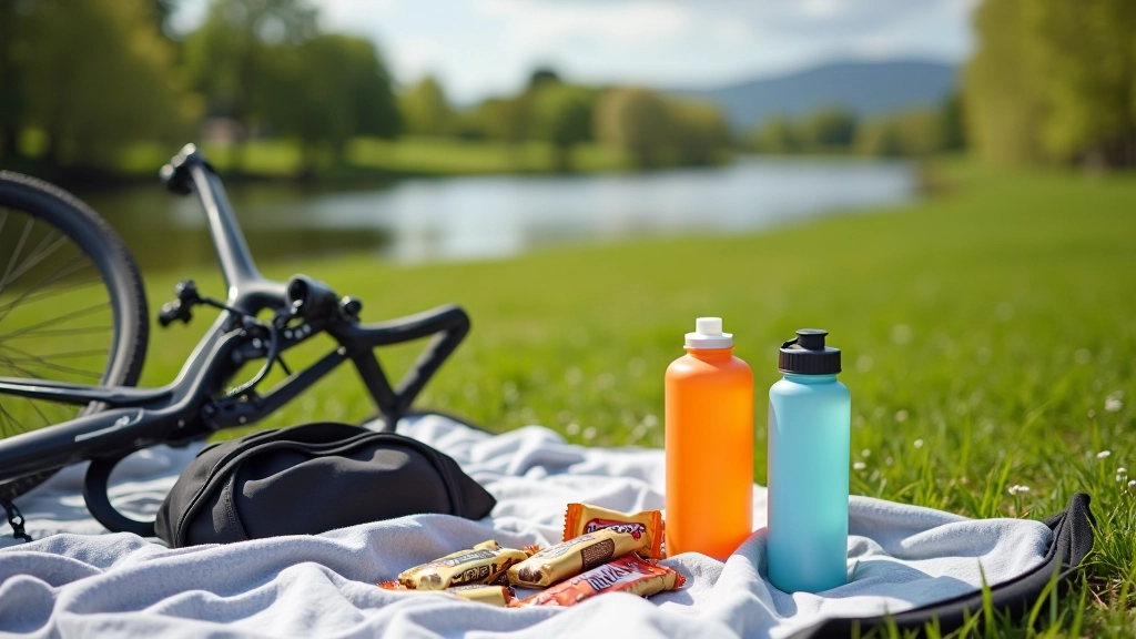 Healthy cycling snacks arranged on wooden surface with water bottles, energy bars, fresh fruit and nuts visible