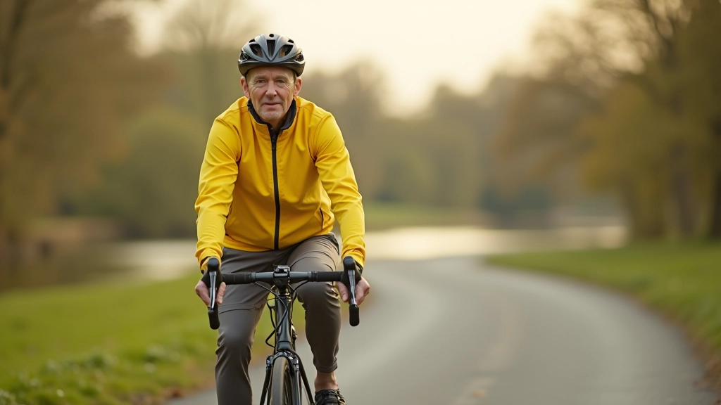 Cyclist riding on flat canal path with comfortable upright handlebar position and relaxed posture
