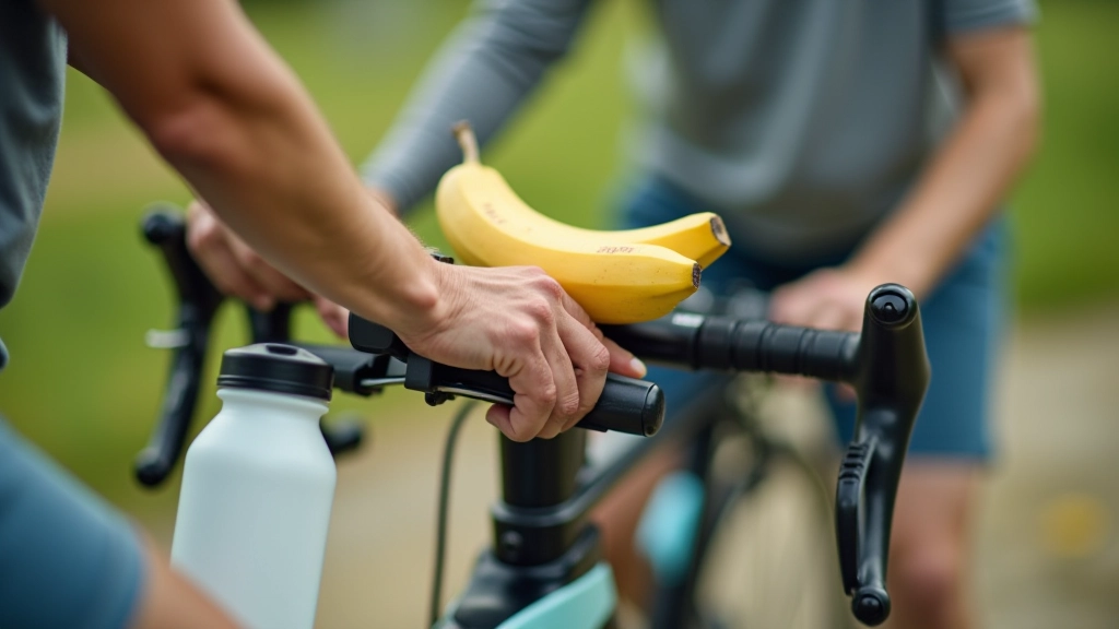 Hands holding banana and water bottle on handlebar rest area beside cycling path