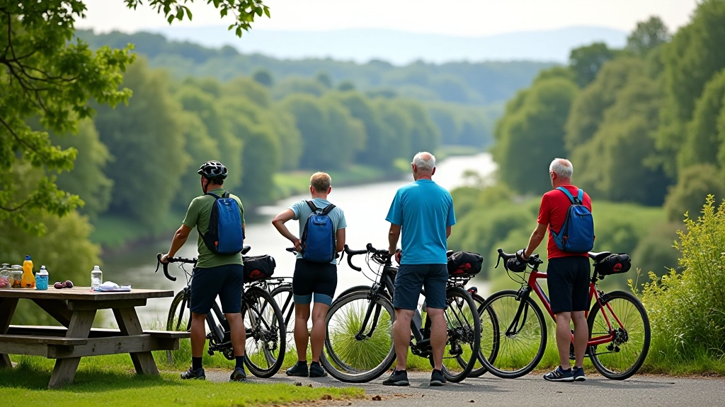 Senior cyclists stopped at a scenic riverside viewpoint taking a break