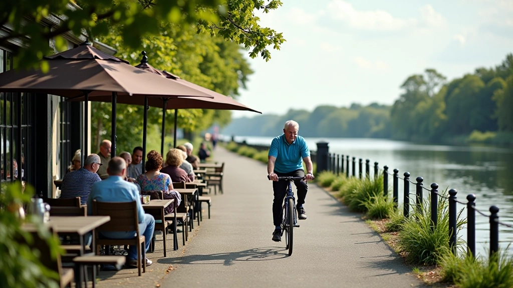 Riverside cafe with outdoor seating overlooking calm water, colorful umbrellas, cyclists resting on benches with coffee cups