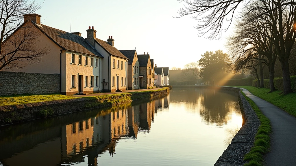 Waterside village buildings reflected in calm river water with a cycling path visible alongside the bank