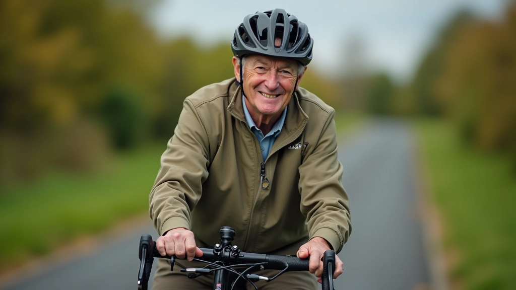 Cyclist checking their bike before a ride, focusing on the handlebars and front wheel in natural sunlight