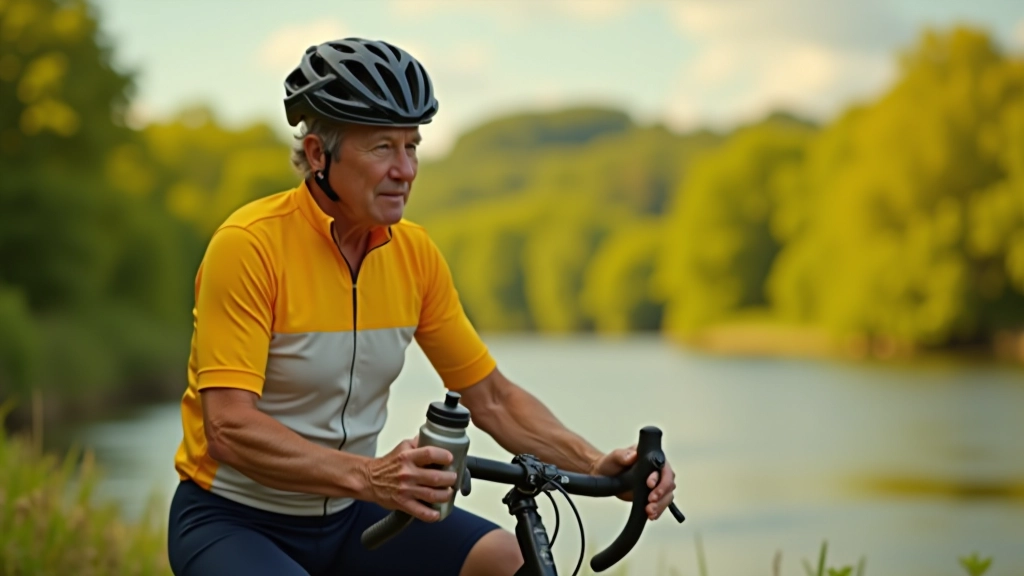 Senior cyclist holding water bottle during rest break on the Suir Blueway, blue sky and trees in background